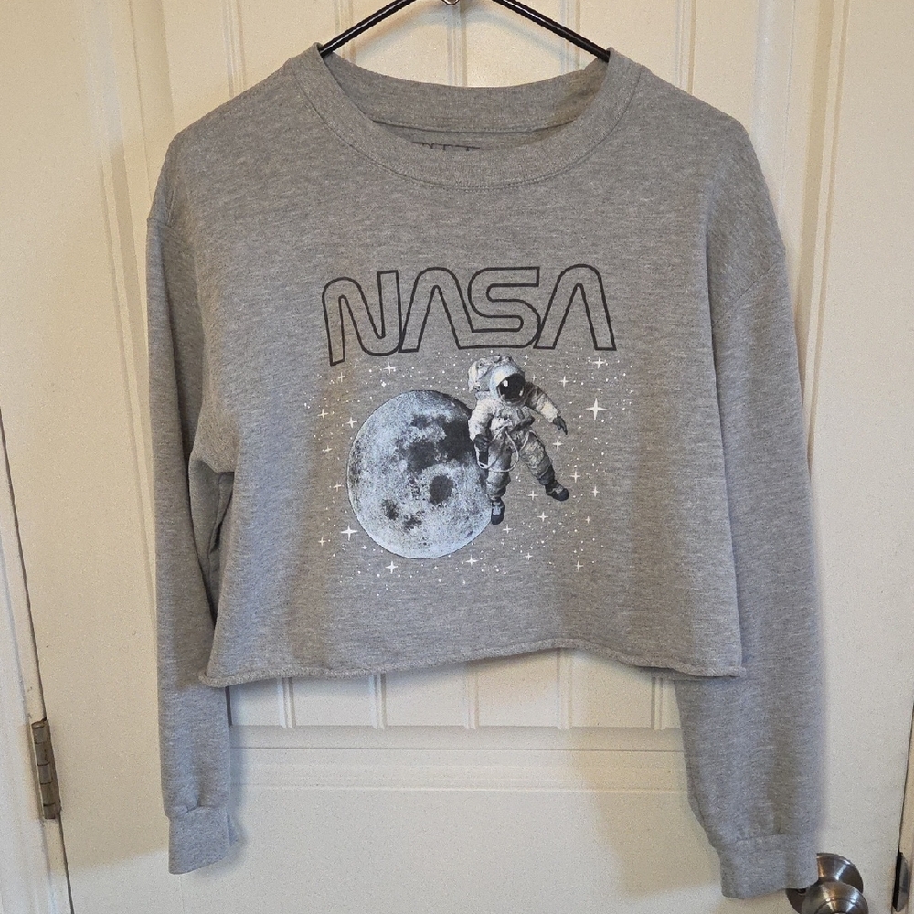 Gray NASA Moon Spaceman Stars Crop Sweatshirt - Picture 3 of 6